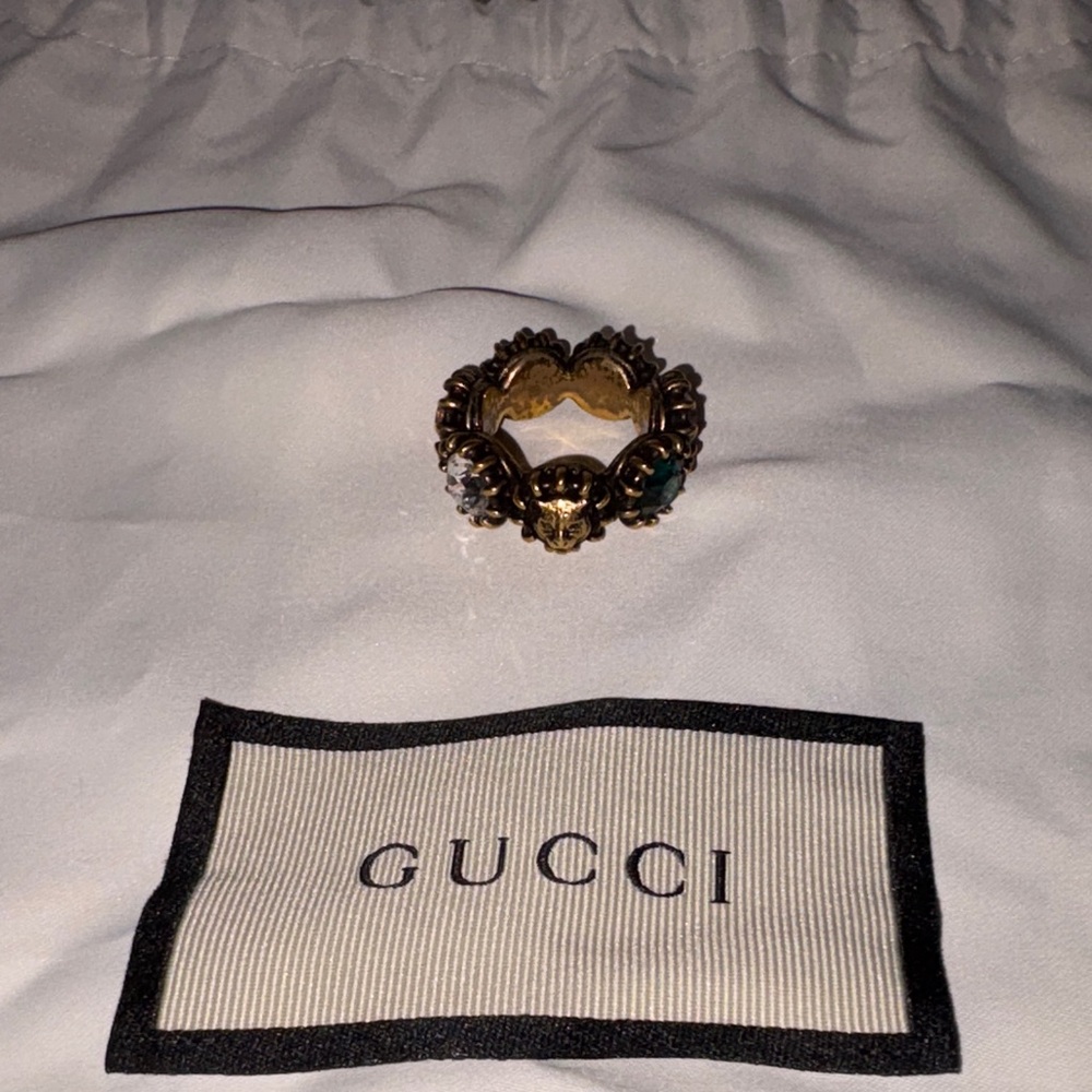 Gucci Gold tiger head Ring with jeweled accents